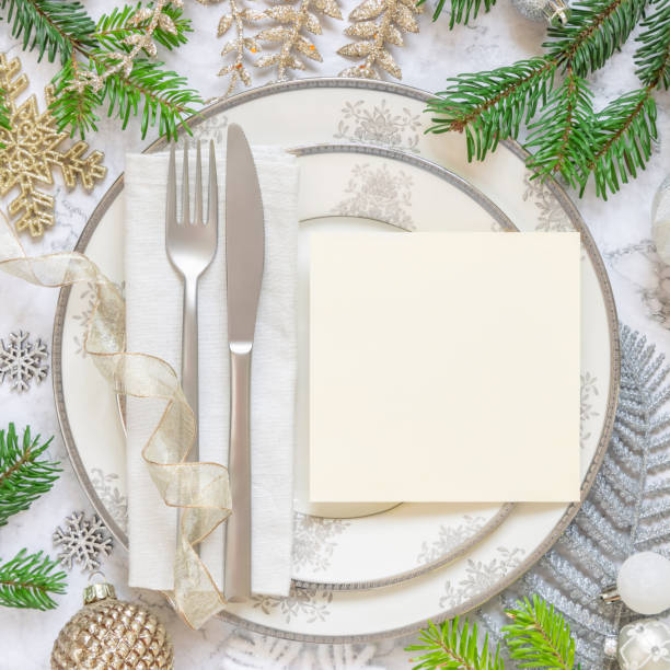 istock Festive table setting with fir tree branches and Christmas decorations 1346178182