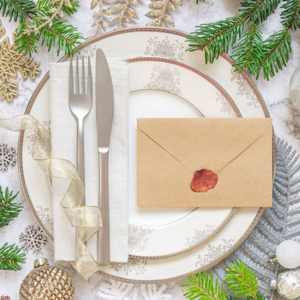 istock Festive table setting with fir tree branches and Christmas decorations 1346178184