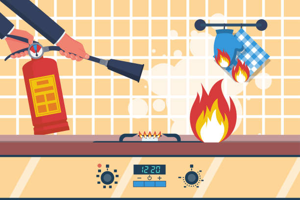 Fire in the kitchen. Accident in the kitchen vector Fire in the kitchen. Accident in the kitchen. Working surface with a burning towel. Vector illustration flat design. Isolated on white background. appliance fire stock illustrations