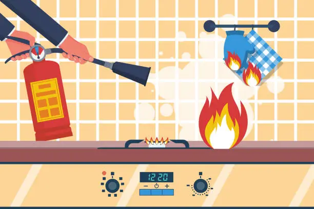 Vector illustration of Fire in the kitchen. Accident in the kitchen vector