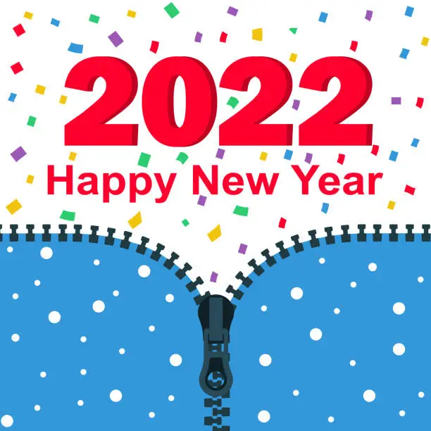 Vector illustration of 2022 Happy New year. Opens up zipper with 2021 and text congratulations, greetings.