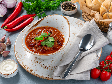 Traditional Chili Con Carne Soup with Ingredients