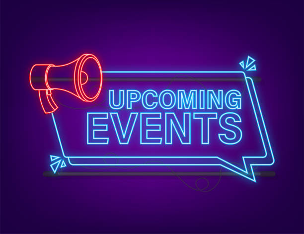 Megaphone, business concept with text upcoming events. Neon icon. Vector stock illustration Megaphone, business concept with text upcoming events. Neon icon. Vector stock illustration. upcoming events stock illustrations