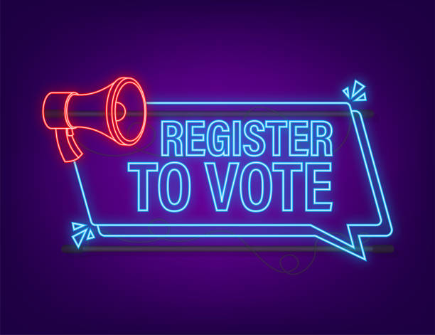 Megaphone banner with Register to vote. Neon icon. Vector illustration Megaphone banner with Register to vote. Neon icon. Vector illustration. voter registration stock illustrations