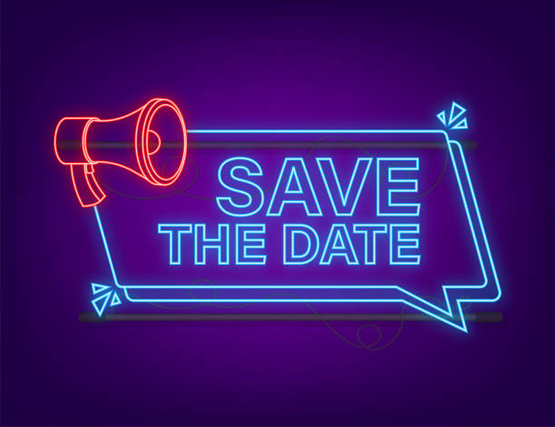 istock Save the date. Badge, mark on megaphone. Neon icon. Flat vector stock illustrations on dark background 1346181306