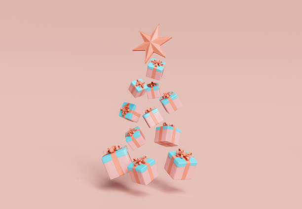 floating gifts in the shape of a christmas tree floating gifts in the shape of a christmas tree with a star on top. minimalist christmas concept. 3d rendering pink christmas tree stock pictures, royalty-free photos & images