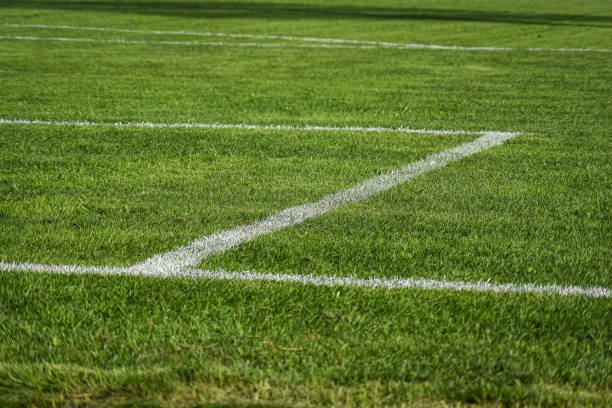 the white line marking on the artificial green grass soccer field - soccer soccer field artificial turf man made material imagens e fotografias de stock