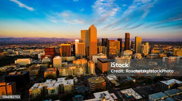 Alpine Glow Denver Morning Sunrise Stock Photo - Download Image Now - Denver, Building Exterior, Aerial View