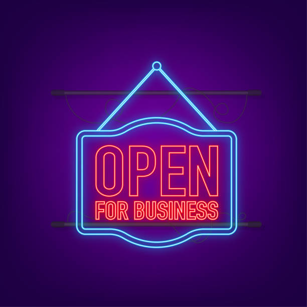 ilustrações de stock, clip art, desenhos animados e ícones de open for business neon sign. flat design for business financial marketing banking advertisement. vector illustration - open sign