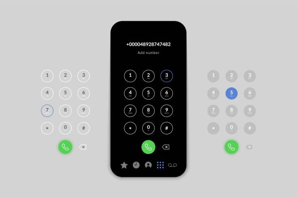 전화 걸기 전화 걸기. 번호 패드 다이얼 버튼, 사용자 인터페이스 디스플레이 디자인과 현실적인 휴대 전화 화면. 벡터 그래픽 - dial stock illustrations