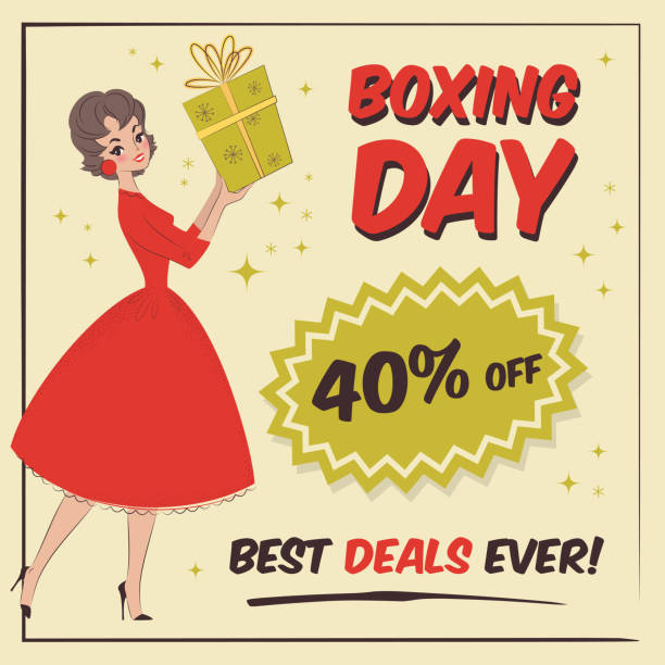 Boxing Day special offer Illustration of a pretty girl holding a gift box. Boxing day sale social media design in mid-century style. Vector 10 EPS. 60s style dresses stock illustrations