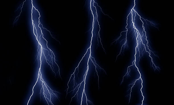 istock Lightning bolts isolated on black background. Thunder electric strike. Thunderstorm and lightning 1346187352