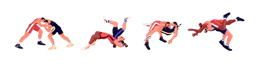 Wrestling martial art set. Fights between two freestyle wrestlers. Fighter sparring set. Opponents in battle of sports competition. Flat vector illustration of athletes isolated on white background.