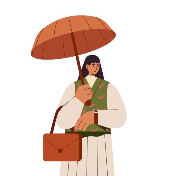 illustrations, cliparts, dessins animés et icônes de femme sous parapluie ouvert, la protégeant de la pluie d’automne. femme d’affaires tenant umbrela par temps pluvieux d’automne. personne avec parasol à la main. illustration vectorielle plate isolée sur fond blanc - rain women umbrella parasol