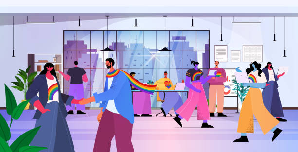 businesspeople working together in office lgbt rainbow flags gay lesbian transgender love concept businesspeople working together in office lgbt rainbow flags gay lesbian transgender love concept horizontal full length vector illustration transgender person in office stock illustrations