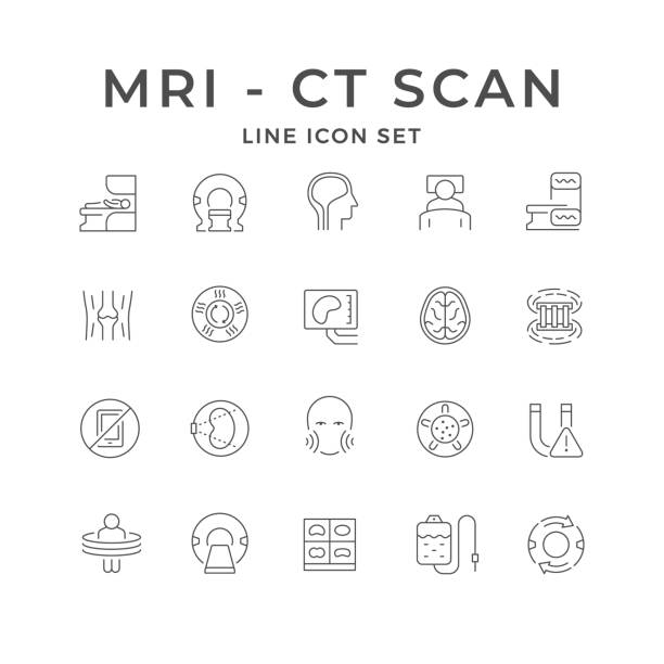 ilustraciones, imágenes clip art, dibujos animados e iconos de stock de establecer iconos de línea de resonancia magnética y tomografía computarizada - mri scanner medical scan cat scan oncology