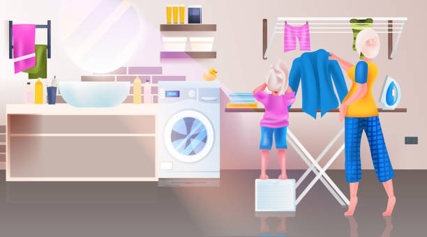 ilustrações de stock, clip art, desenhos animados e ícones de mother with daughter ironing clothes in bathroom full length horizontal - woman in mirror backview