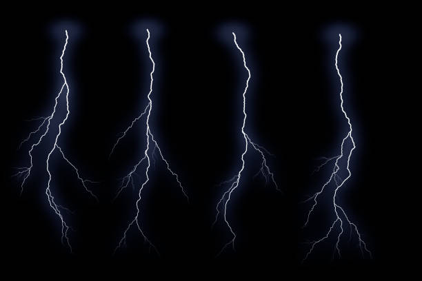 istock Lightning bolts isolated on black background. Thunder electric strike. Thunderstorm and lightning 1346190183