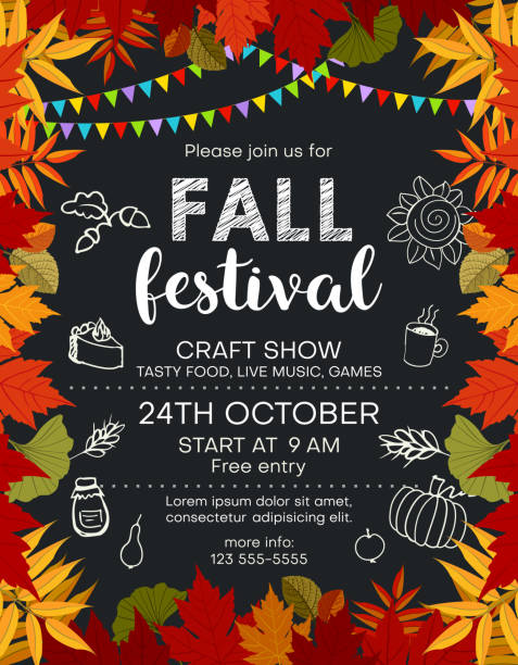 illustrations, cliparts, dessins animés et icônes de festival d’automne annonçant un modèle d’affiche avec des drapeaux de feuillage d’automne et de bunting et des icônes de la nourriture. - festival traditionnel