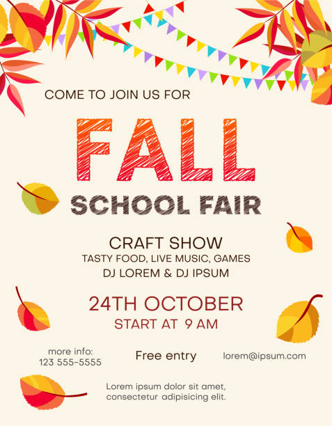 Fall school fair announcing poster template with autumn foliage and bunting flags. Invitation with customized text for seasonal craft show or market flyer. Printable background with decorative details. Vector illustration. bazaar stock illustrations