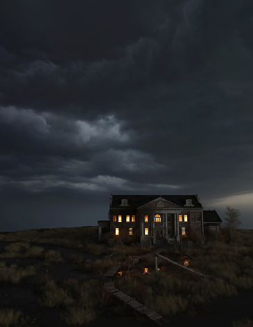 Ominous dilapidated and abandoned mansion on the prairie with illuminated interior lighting under a dark cloudy sky. 3D rendering.