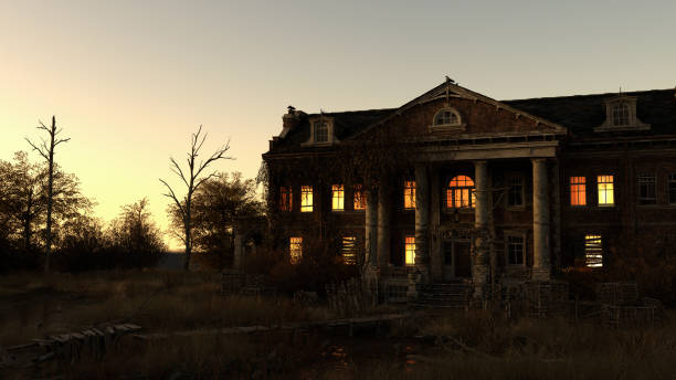istock Ominous dilapidated and abandoned mansion with illuminated interior lighting at dusk. 3D rendering. 1346190690
