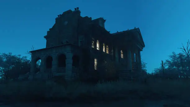 Photo of Ominous dilapidated and abandoned mansion with illuminated interior lighting at dusk. 3D rendering.