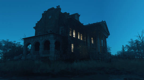 ominous dilapidated and abandoned mansion with illuminated interior lighting at dusk. 3d rendering. - horror imagens e fotografias de stock