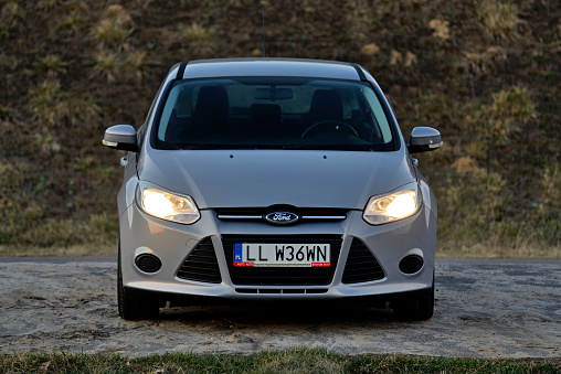 Gray car. FORD FOCUS MK3. March 07.2021 Lodz, Poland