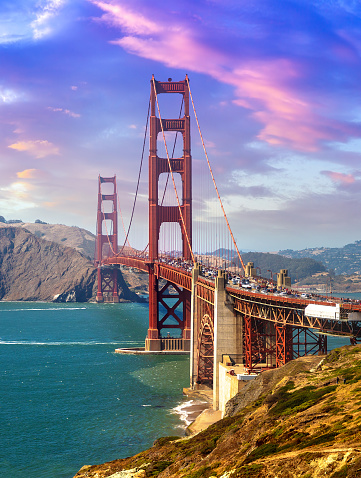 Panoramic view of Golden Gate Bridge in San Francisco, California at sunset, USA