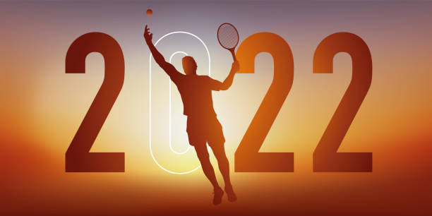 Illustration for a presentation of the 2022 sports agenda on the theme of tennis. Tennis-themed sports concept for a 2022 greeting card, showing a tennis player doing a service. tennis tournament stock illustrations