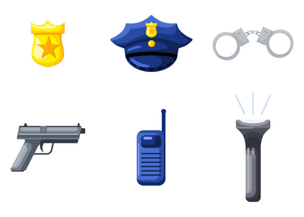 흰색 배경에 평평한 스타일로 경찰을 설정합니다. 탐정 요소 무전기, 수갑, 배지, 모자, 손전등, 권총. - police equipment stock illustrations