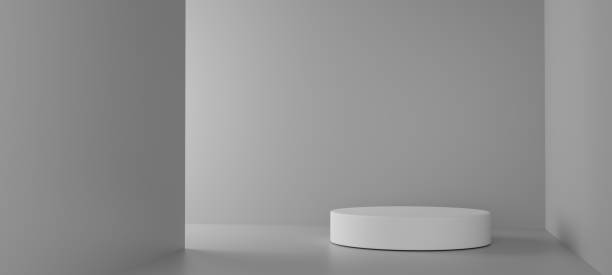istock Cosmetic podium product minimal scene with platform grey background 3d render. Display stand for pastel white color mock up. stand to show beauty  backdrop on pedestal. Simple Cylinder gray design 1346192635
