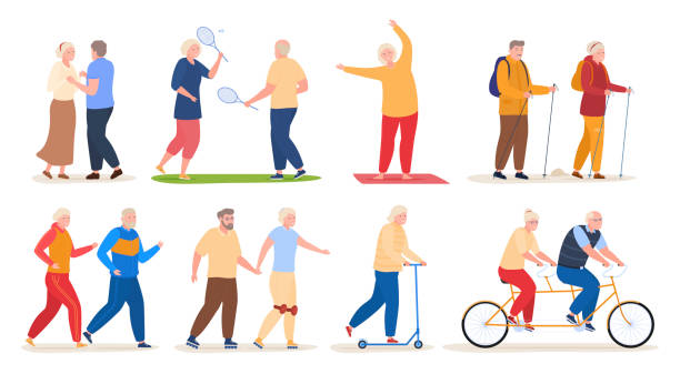 ilustrações de stock, clip art, desenhos animados e ícones de older people active sports recreation set vector illustration elderly man and woman dancing, running - action mature adult bicycle senior couple