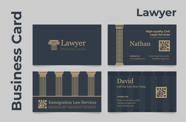 Set of lawyer business card vector flat illustration. Collection of justice legal company identity Set of lawyer business card vector flat illustration. Collection of justice legal company identity with contacts for communications. Premium classic design antique style template corporate branding advertising column stock illustrations