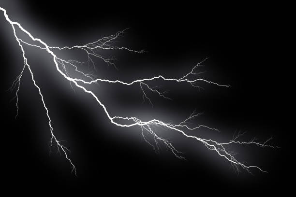 istock Lightning bolts isolated on black background. Thunder electric strike. Thunderstorm and lightning 1346197391