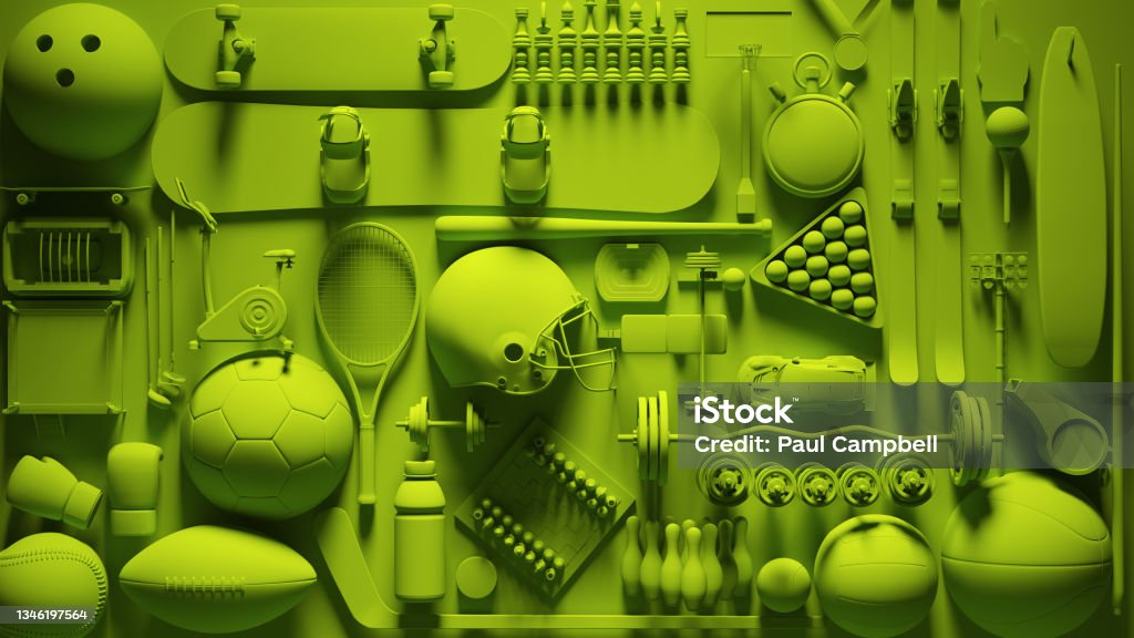 Green Vibrant Sports Wall Equipment Collage Activity Green Vibrant Sports Wall Equipment Collage Activity 3d illustration render Sport Stock Photo