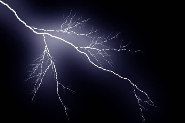 istock Lightning bolts isolated on black background. Thunder electric strike. Thunderstorm and lightning 1346197839
