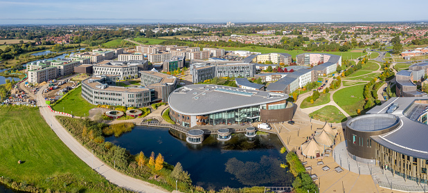 University of York, York, UK - October 11, 2021.  An aerial view of the buildings and dormitories of The University of York's Campus East