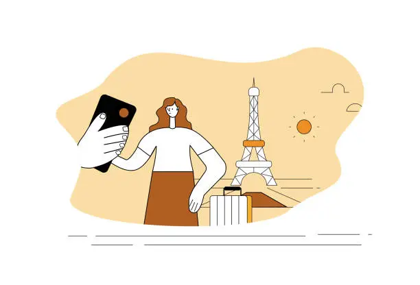 Vector illustration of Female white-collar workers take a selfie of the Eiffel Tower in Paris with their mobile phones.