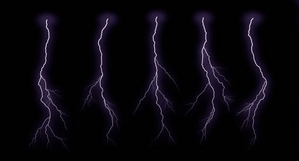 istock Lightning bolts isolated on black background. Thunder electric strike. Thunderstorm and lightning 1346199955