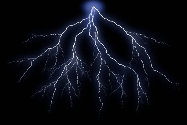 istock Lightning bolts isolated on black background. Thunder electric strike. Thunderstorm and lightning 1346199978