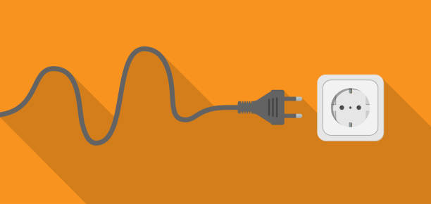 plug with cable and socket on orange wall plug with cable and socket on orange wall, vector illustration power cable illustrations stock illustrations