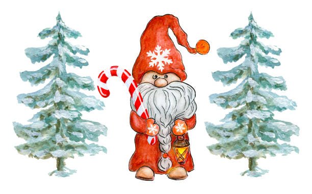 gnom z cukierkową laską i latarką w wigilię - christmas christmas tree snow illustration and painting stock illustrations