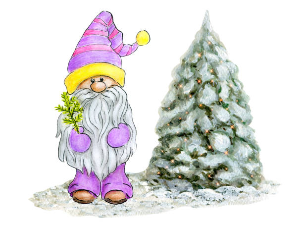 akwarela słodki gnom ze śnieżną choinką - christmas christmas tree snow illustration and painting stock illustrations