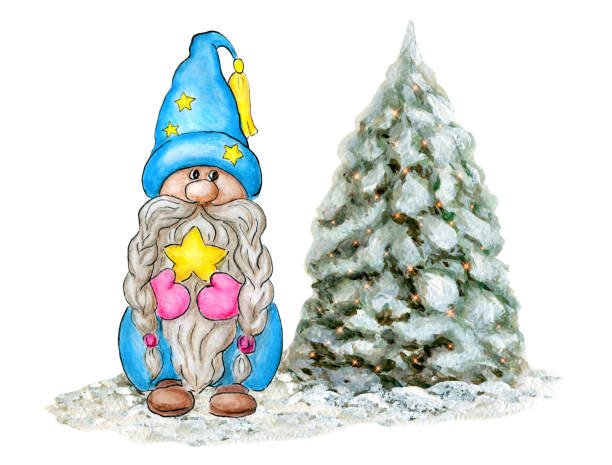 akwarela słodki gnom z choinką. mały gnom w zabawnym kapeluszu z gwiazdą - christmas christmas tree snow illustration and painting stock illustrations