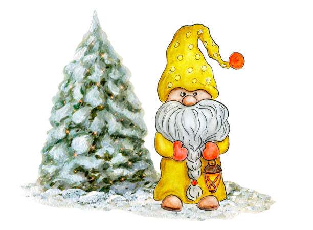 akwarela słodki gnom z choinką. mały krasnal w zabawnym kapeluszu z latarką. - christmas christmas tree snow illustration and painting stock illustrations