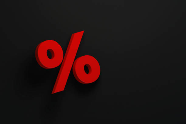 Red percentage sign on black background. Horizontal composition with copy space. Front view. Sale concept.