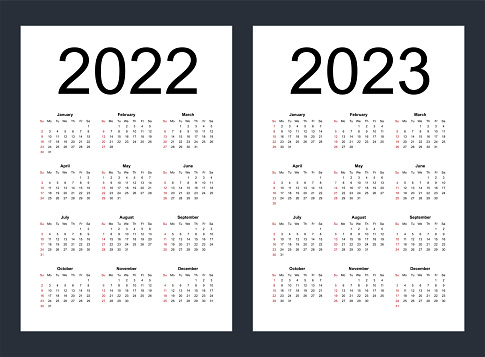 Simple editable vector calendars for year 2022, 2023. Week starts from Sunday. Vertical.