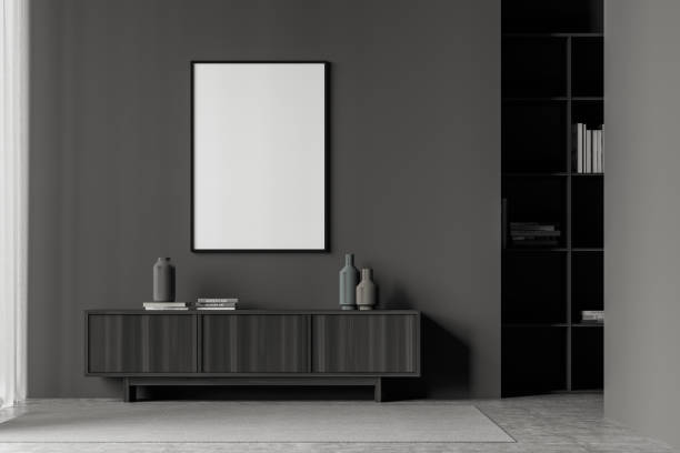 istock Dark living room interior with white empty poster, sideboard 1346204786